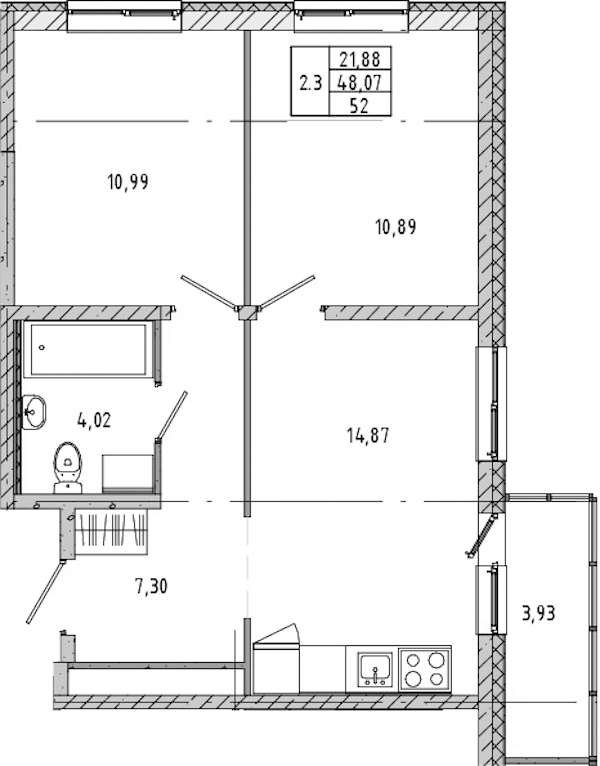 2-комнатная квартира 48.48 м², 17/21 эт., ЖК «Новые горизонты 2»